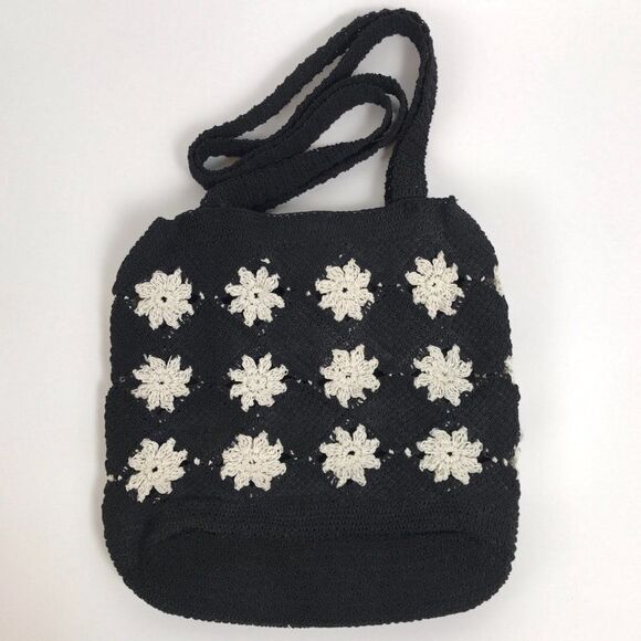 Vintage 90s Cottagecore Black Floral Woven Knit Indie Shoulder Bag Purse - Picture 3 of 6